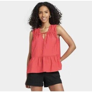 A New Day Sleeveless Tank Top Smocked V-Neck Pleated Tie Peplum Pink Small